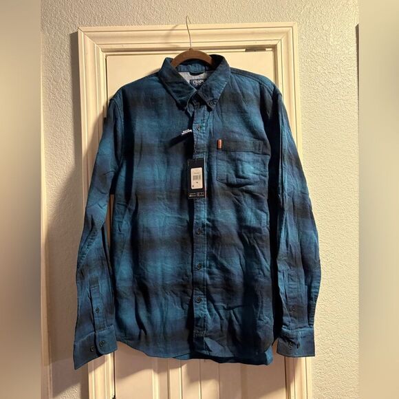 Chaps Men’s Long Sleeve Stretch Flannel Navy Deep Sea Blue Button Up Large NWT - Picture 1 of 5